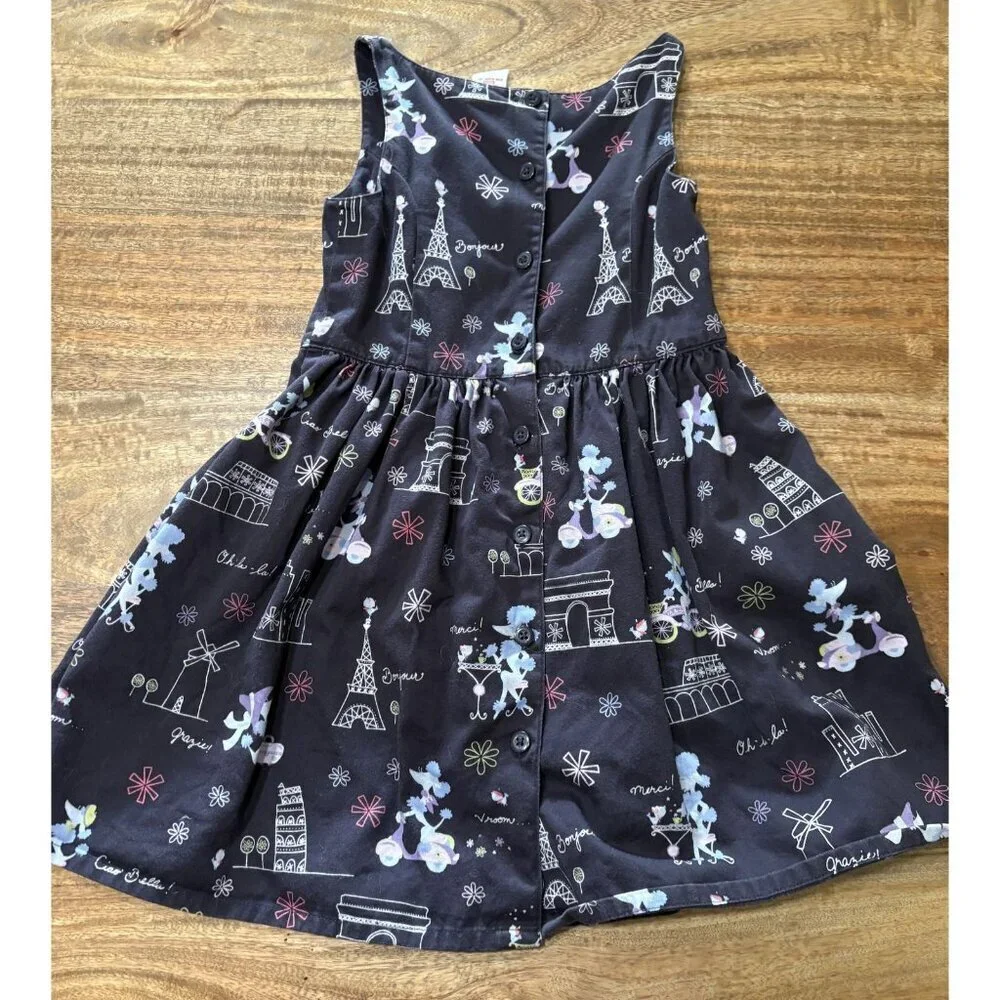 Gymboree Dress Girls 5 Black Paris French Print Sleeveless Cotton Vintage 2000s